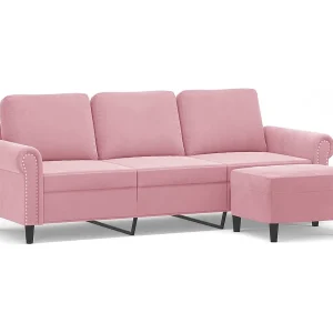 Driezitsbank met voetenbank 180 cm fluweel roze