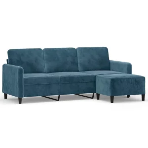 Driezitsbank met voetenbank 180 cm fluweel blauw