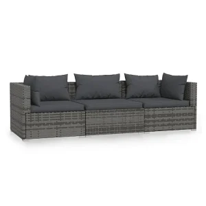 Driezitsbank met kussens poly rattan grijs