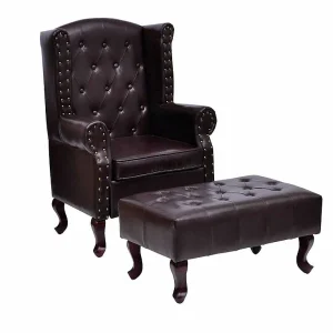 Fauteuil met voetenbankje kunstleer donkerbruin Fauteuil met voetenbankje kunstleer donkerbruin