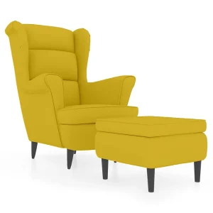 Fauteuil met voetenbank fluweel mosterdgeel Fauteuil met voetenbank fluweel mosterdgeel