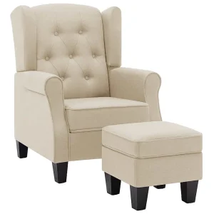 Fauteuil met voetenbankje stof crèmekleurig Fauteuil met voetenbankje stof crèmekleurig