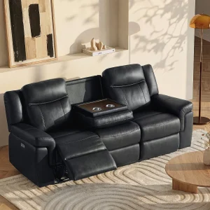 Elektrische driezits relaxbank van leer met plateau KENNETH – Zwart Elektrische driezits relaxbank van leer met plateau KENNETH – Zwart