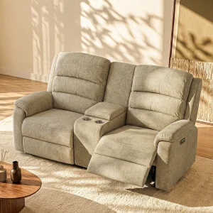 Elektrische relax-tweezitsbank van taupe stof met plankje NEVERS Elektrische relax-tweezitsbank van taupe stof met plankje NEVERS
