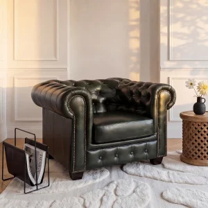 Fauteuil chesterfield BRENTON 100% buffelleer – groen Fauteuil chesterfield BRENTON 100% buffelleer – groen