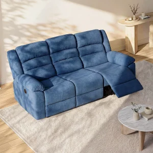 Elektrische driezits-relaxbank van blauwe stoffen bekleding BUROLO Elektrische driezits-relaxbank van blauwe stoffen bekleding BUROLO