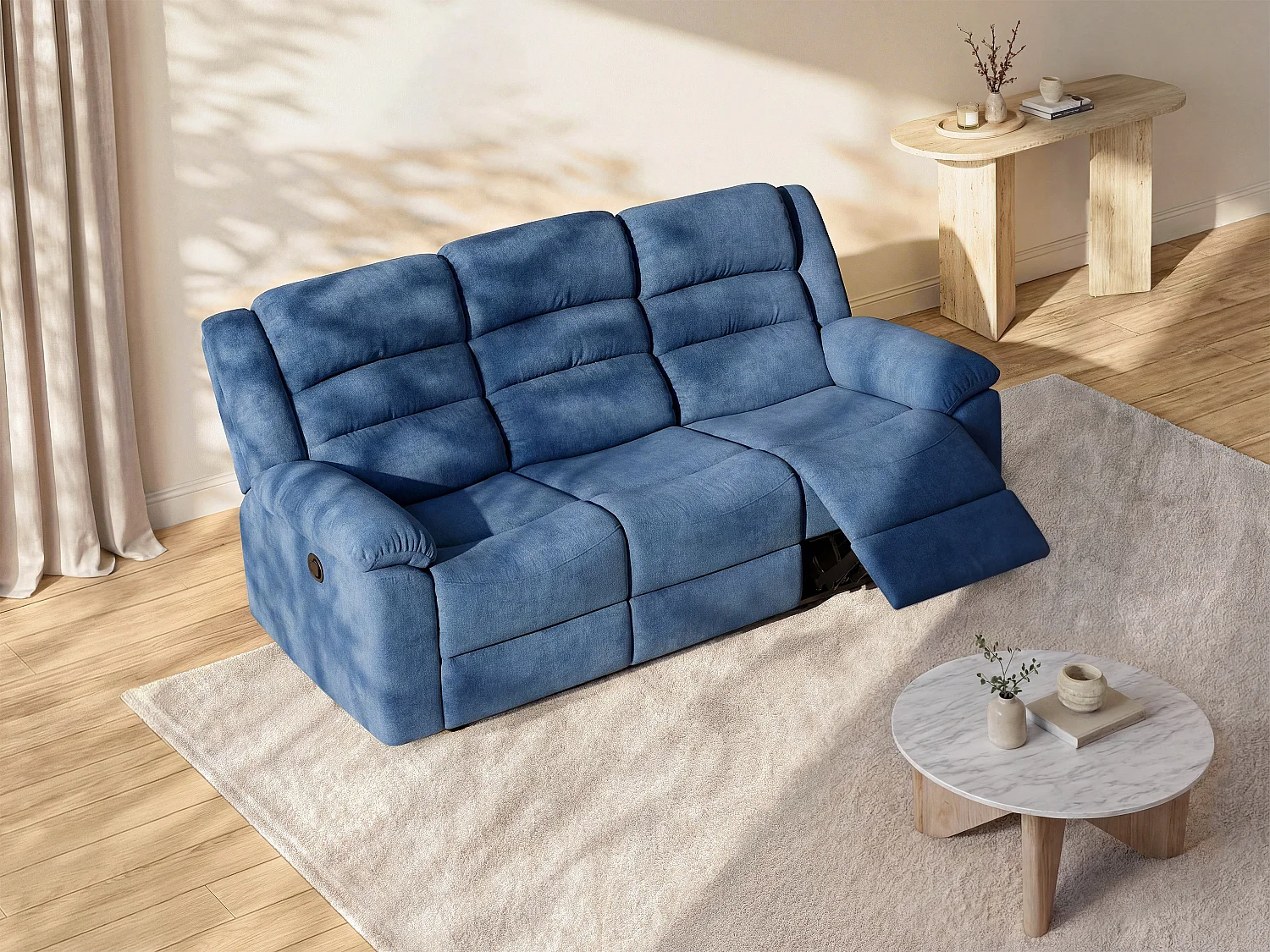 Elektrische driezits-relaxbank van blauwe stoffen bekleding BUROLO