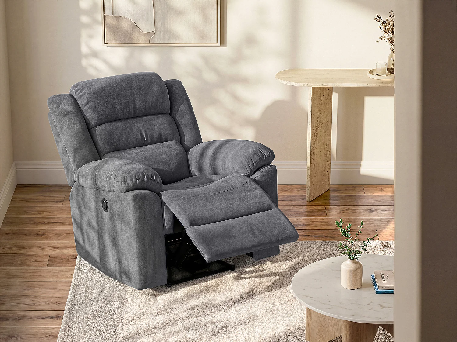 Elektrische relaxfauteuil in grijze stoffenheftige BUROLO