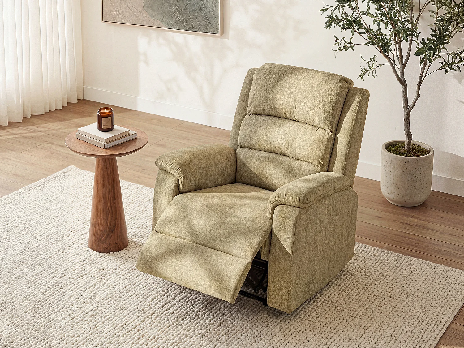 Elektrische relaxfauteuil van taupe stof met kantelende voetensteun en rugleuning NEVERS