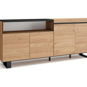 Dressoir, Opbergkast, 200x35x87cm, 4 Deuren, Industrieel design, Eiken/Zwart Dressoir, Opbergkast, 200x35x87cm, 4 Deuren, Industrieel design, Eiken/Zwart
