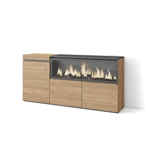 Dressoir, Opbergkast, 158x35x75cm, 3 Deuren, Elektrische haard XXL, Eiken