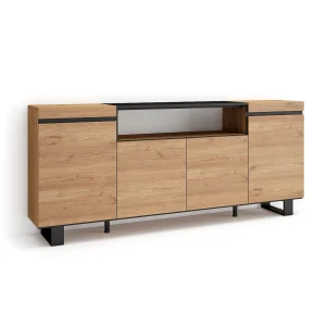 Dressoir, Opbergkast, 200x35x87cm, 4 Deuren, Industrieel design, Eiken/Zwart Dressoir, Opbergkast, 200x35x87cm, 4 Deuren, Industrieel design, Eiken/Zwart