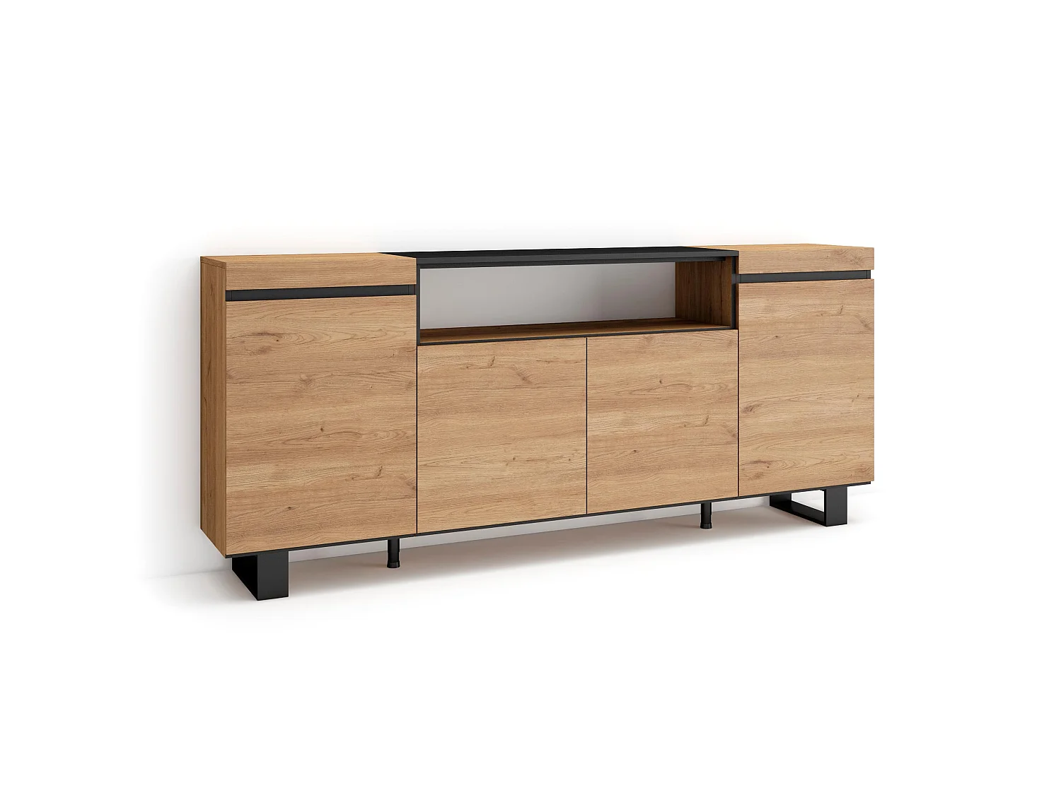 Dressoir, Opbergkast, 200x35x87cm, 4 Deuren, Industrieel design, Eiken/Zwart