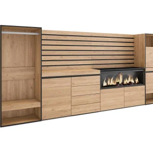 Dressoir, Opbergkast, 334x35x145cm, Voor slaapkamer, kamer, Elektrische haard XXL, Ladekast, Commode, Schoenenkast, Open Kledingkast, Eiken