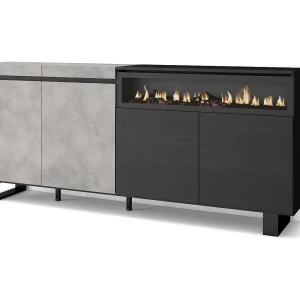 Dressoir, Opbergkast, 200x35x87cm, 4 Deuren, Elektrische haard, Industrieel design, Cement Dressoir, Opbergkast, 200x35x87cm, 4 Deuren, Elektrische haard, Industrieel design, Cement