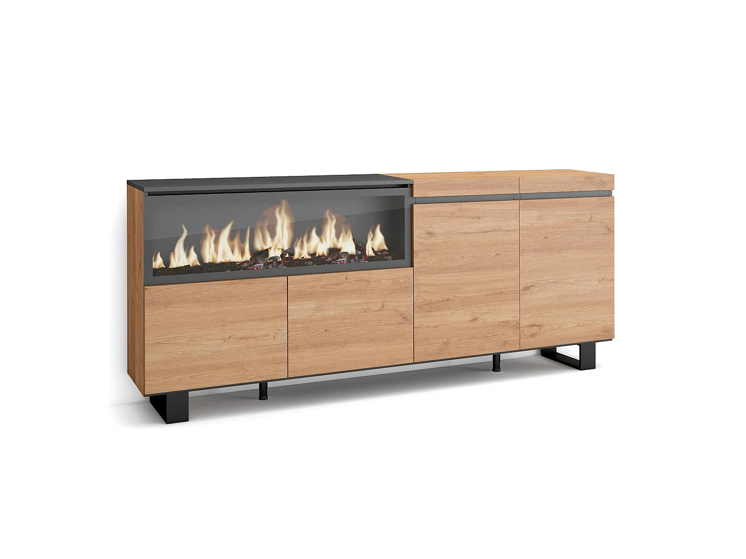 Dressoir, Opbergkast, 208x35x87cm, 4 Deuren, Elektrische haard XXL, Industrieel design, Eiken