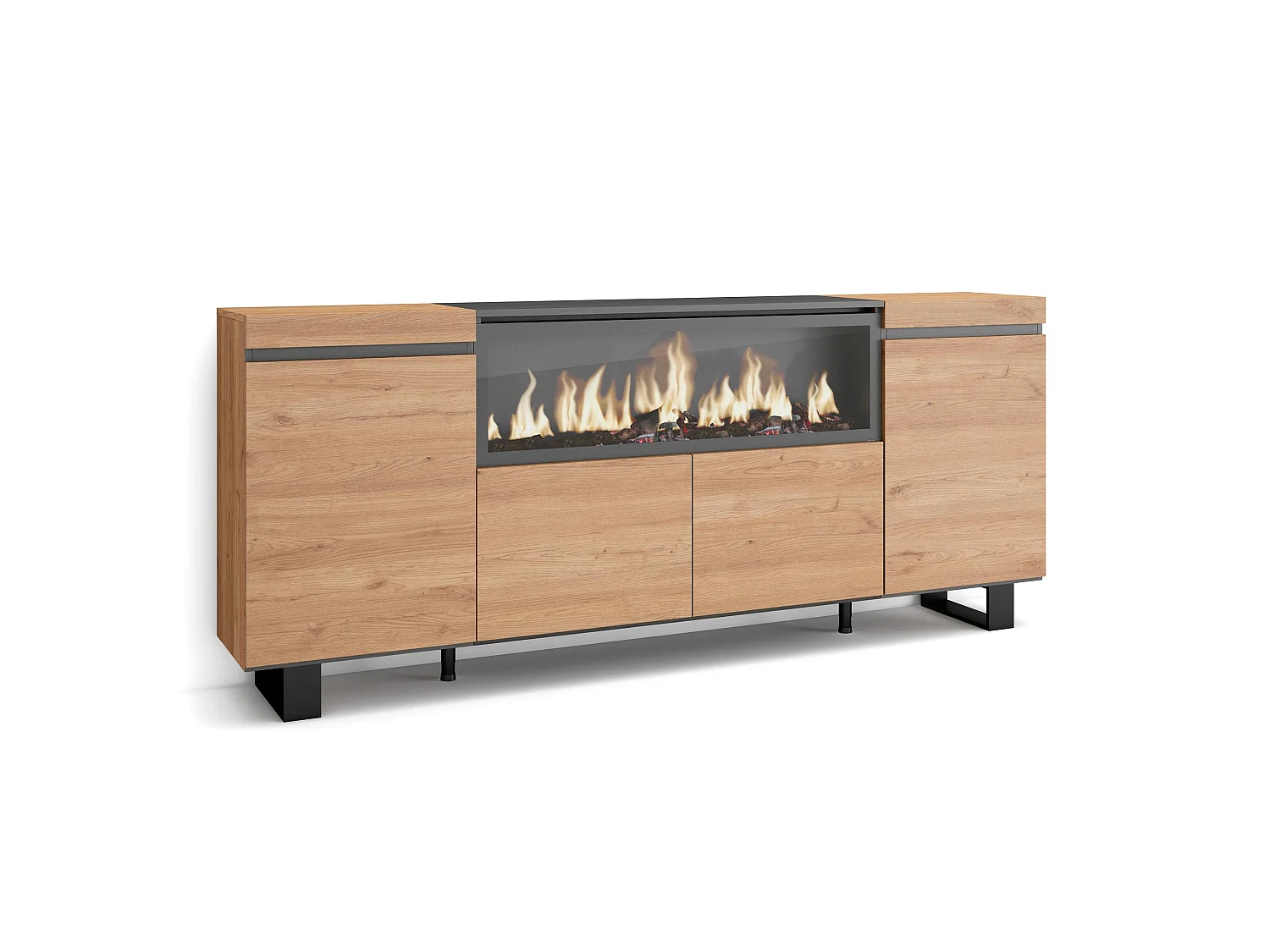 Dressoir, Opbergkast, 208x35x87cm, 4 Deuren, Elektrische haard XXL, Industrieel design, Eiken
