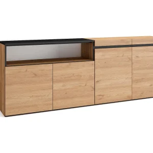 Dressoir, Opbergkast, 200x35x75cm, 4 Deuren, Woonkamer, hal, Eiken/Zwart