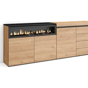 Dressoir, Opbergkast, 207x35x75cm, Voor slaapkamer, kamer, Elektrische haard, Ladekast, Commode, Eiken Dressoir, Opbergkast, 207x35x75cm, Voor slaapkamer, kamer, Elektrische haard, Ladekast, Commode, Eiken