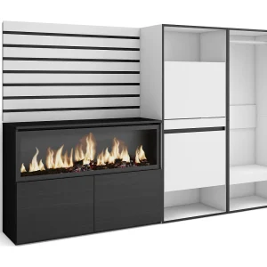 Dressoir, Opbergkast, 227x35x145cm, Voor slaapkamer, kamer, Elektrische haard XXL, Schoenenkast, Open Kledingkast, Wit