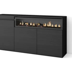 Dressoir, Opbergkast, 150x35x75cm, 3 Deuren, Elektrische haard, Zwart