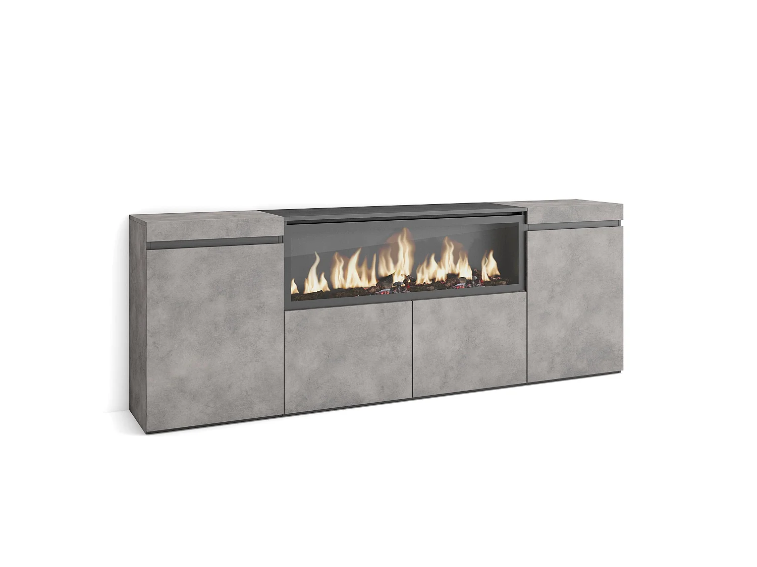 Dressoir, Opbergkast, 208x35x75cm, 4 Deuren, Elektrische haard XXL, Cement