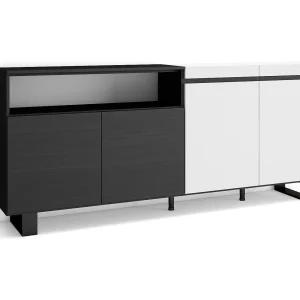 Dressoir, Opbergkast, 200x35x87cm, 4 Deuren, Industrieel design, Wit en Zwart Dressoir, Opbergkast, 200x35x87cm, 4 Deuren, Industrieel design, Wit en Zwart