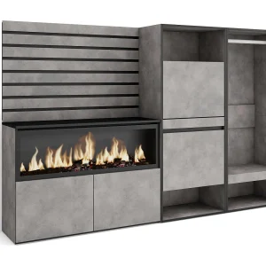 Dressoir, Opbergkast, 227x35x145cm, Voor slaapkamer, kamer, Elektrische haard XXL, Schoenenkast, Open Kledingkast, Cement