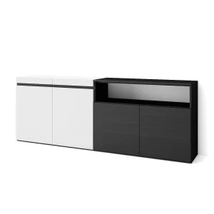Dressoir, Opbergkast, 200x35x75cm, 4 Deuren, Woonkamer, hal, Wit en Zwart Dressoir, Opbergkast, 200x35x75cm, 4 Deuren, Woonkamer, hal, Wit en Zwart