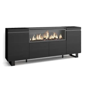 Dressoir, Opbergkast, 208x35x87cm, 4 Deuren, Elektrische haard XXL, Industrieel design, Zwart Dressoir, Opbergkast, 208x35x87cm, 4 Deuren, Elektrische haard XXL, Industrieel design, Zwart