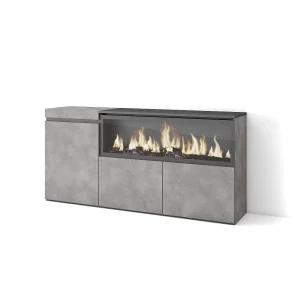 Dressoir, Opbergkast, 158x35x75cm, 3 Deuren, Elektrische haard XXL, Cement