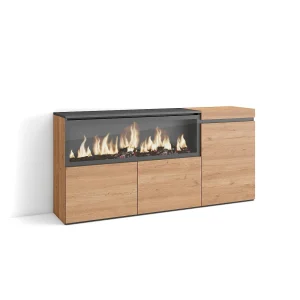 Dressoir, Opbergkast, 158x35x75cm, 3 Deuren, Elektrische haard XXL, Eiken