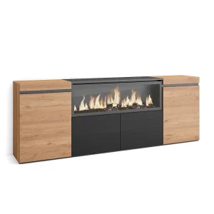 Dressoir, Opbergkast, 208x35x75cm, 4 Deuren, Elektrische haard XXL, Eiken/Zwart Dressoir, Opbergkast, 208x35x75cm, 4 Deuren, Elektrische haard XXL, Eiken/Zwart