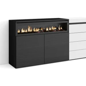 Dressoir, Opbergkast, 157x35x75cm, Voor slaapkamer, kamer, Elektrische haard, Ladekast, Commode, Wit