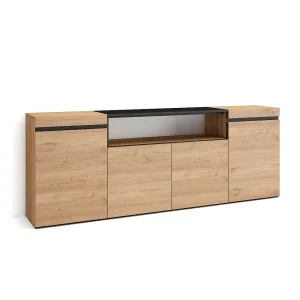 Dressoir, Opbergkast, 200x35x75cm, 4 Deuren, Woonkamer, hal, Eiken/Zwart