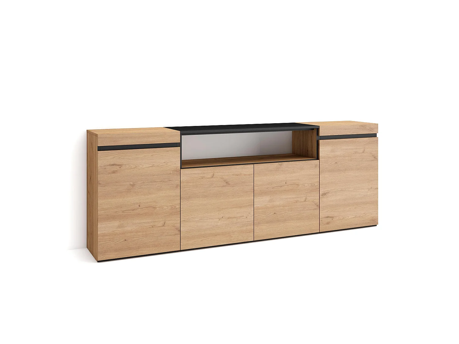Dressoir, Opbergkast, 200x35x75cm, 4 Deuren, Woonkamer, hal, Eiken/Zwart
