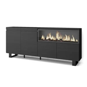Dressoir, Opbergkast, 208x35x87cm, 4 Deuren, Elektrische haard XXL, Industrieel design, Zwart Dressoir, Opbergkast, 208x35x87cm, 4 Deuren, Elektrische haard XXL, Industrieel design, Zwart
