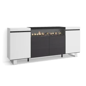 Dressoir, Opbergkast, 200x35x87cm, 4 Deuren, Elektrische haard, Industrieel design, Wit en Zwart Dressoir, Opbergkast, 200x35x87cm, 4 Deuren, Elektrische haard, Industrieel design, Wit en Zwart