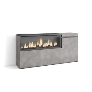 Dressoir, Opbergkast, 158x35x75cm, 3 Deuren, Elektrische haard XXL, Cement
