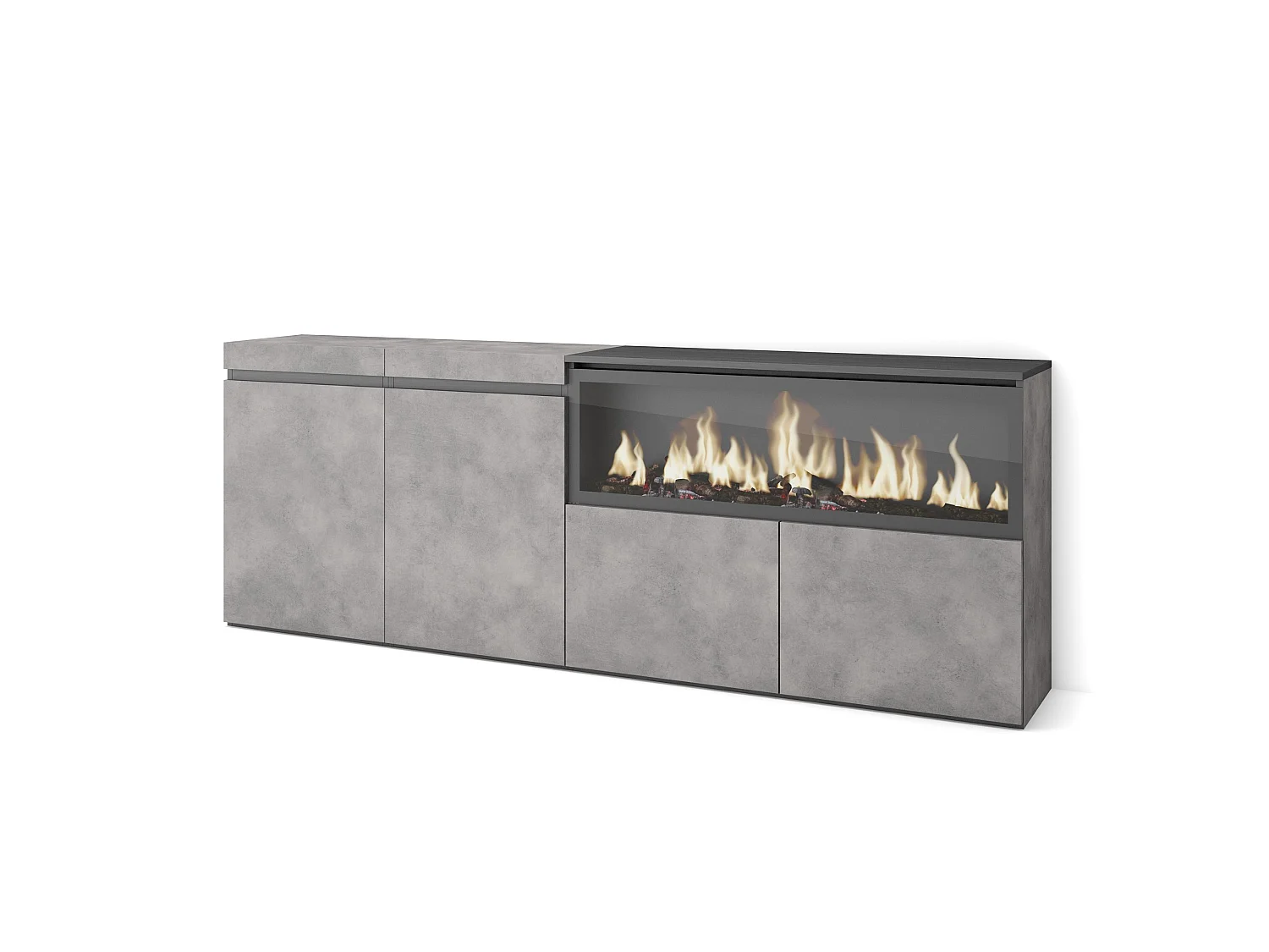 Dressoir, Opbergkast, 208x35x75cm, 4 Deuren, Elektrische haard XXL, Cement