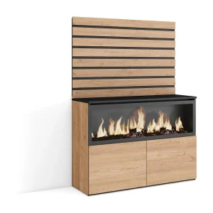 Dressoir, Opbergkast, 107x35x145cm, Voor slaapkamer, kamer, Elektrische haard XXL, Eiken
