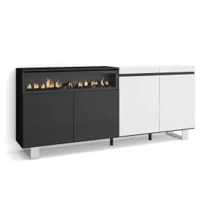 Dressoir, Opbergkast, 200x35x87cm, 4 Deuren, Elektrische haard, Industrieel design, Wit en Zwart Dressoir, Opbergkast, 200x35x87cm, 4 Deuren, Elektrische haard, Industrieel design, Wit en Zwart