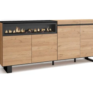Dressoir, Opbergkast, 200x35x87cm, 4 Deuren, Elektrische haard, Industrieel design, Eiken/Zwart Dressoir, Opbergkast, 200x35x87cm, 4 Deuren, Elektrische haard, Industrieel design, Eiken/Zwart