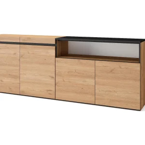 Dressoir, Opbergkast, 200x35x75cm, 4 Deuren, Woonkamer, hal, Eiken/Zwart