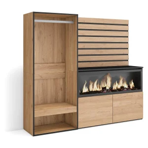Dressoir, Opbergkast, 167x35x145cm, Voor slaapkamer, kamer, Elektrische haard XXL, Open Kledingkast, Eiken