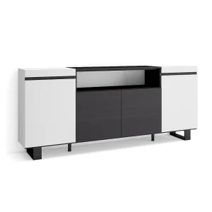 Dressoir, Opbergkast, 200x35x87cm, 4 Deuren, Industrieel design, Wit en Zwart Dressoir, Opbergkast, 200x35x87cm, 4 Deuren, Industrieel design, Wit en Zwart