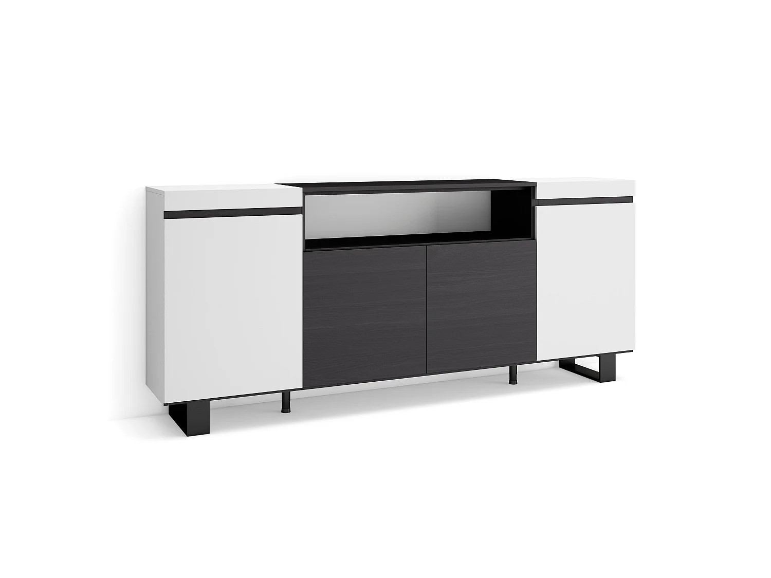 Dressoir, Opbergkast, 200x35x87cm, 4 Deuren, Industrieel design, Wit en Zwart