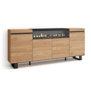 Dressoir, Opbergkast, 200x35x87cm, 4 Deuren, Elektrische haard, Industrieel design, Eiken/Zwart Dressoir, Opbergkast, 200x35x87cm, 4 Deuren, Elektrische haard, Industrieel design, Eiken/Zwart