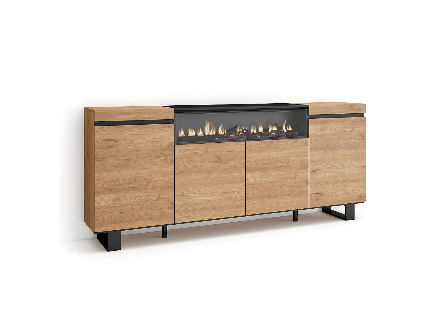 Dressoir, Opbergkast, 200x35x87cm, 4 Deuren, Elektrische haard, Industrieel design, Eiken/Zwart
