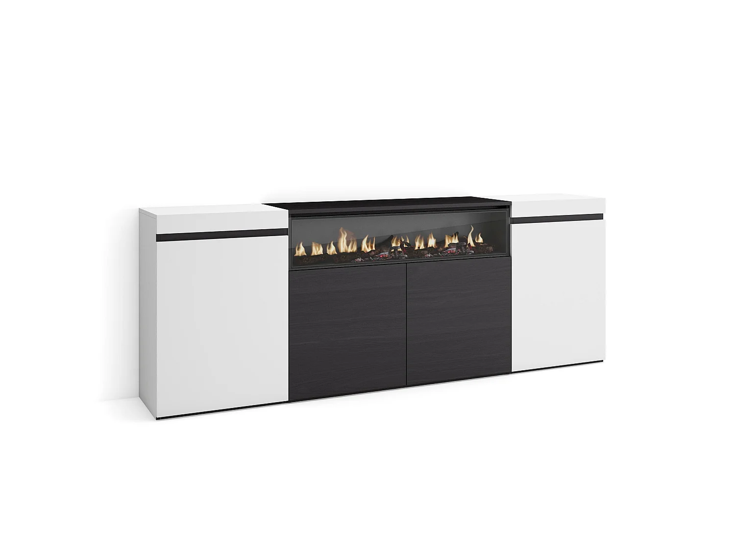 Dressoir, Opbergkast, 200x35x75cm, 4 Deuren, Elektrische haard, Wit en Zwart